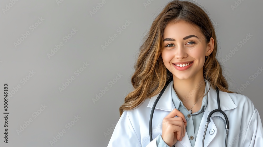 Smiling female doctor in white coat with stethoscope, standing in front of a gray background, conveying professionalism and care. Smiling female doctor in white coat with stethoscope, standing in front of a gray background, conveying professionalism and care.