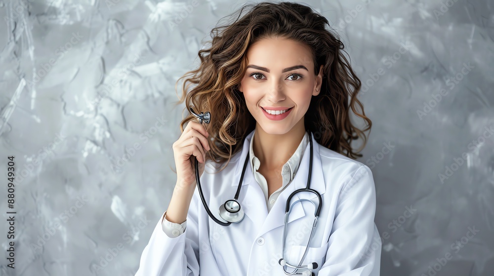 Confident female doctor smiling and holding a stethoscope, standing against a textured gray background, symbolizing healthcare and professionalism. Confident female doctor smiling and holding a stethoscope, standing against a textured gray background, symbolizing healthcare and professionalism.