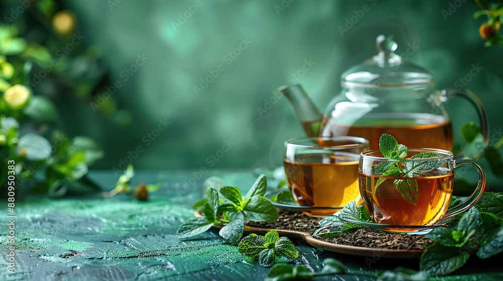 cup,teapot,mint tea,leaves on green background herbal tea concept flat lay top view copy space
