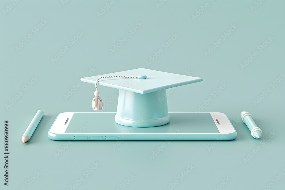 Graduation cap on smartphone with pencil and pen in pastel blue E-learning setting Graduation cap on smartphone with pencil and pen in pastel blue E-learning setting