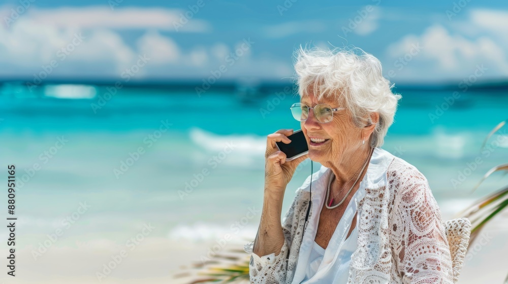 Elderly Woman Enjoying a Beach Day While Chatting on Smartphone - Serene Ocean Background Elderly Woman Enjoying a Beach Day While Chatting on Smartphone - Serene Ocean Background