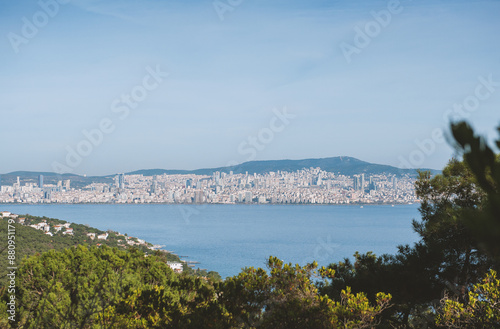 Wallpaper Mural View of Istanbul skyline from Buyukada Island, with the sea and greenery in the foreground, under a blue sky Torontodigital.ca