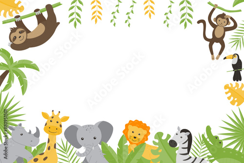 Children's horizontal frame with the image of wild jungle animals.