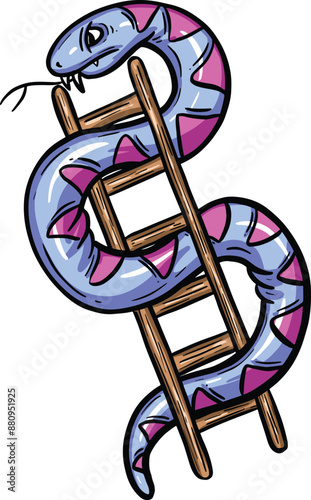Cartoon Snake Climbing a Ladder Like the Retro Board Game Snakes & Ladders Hand Drawn