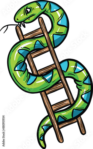 Cartoon Snake Climbing a Ladder Like the Retro Board Game Snakes & Ladders Hand Drawn
