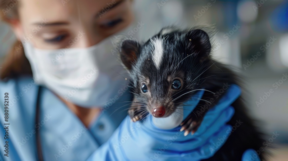 Veterinarian Treating a Skunk A veterinarian providing medical treatment to a skunk in a clinic with proper odor control measures Veterinarian Treating a Skunk A veterinarian providing medical treatment to a skunk in a clinic with proper odor control measures