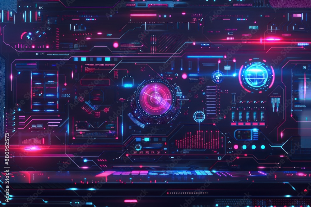 Modern flat design illustration of a digital interface. The background features abstract patterns, 3D effects, and tech-inspired elements like data streams and holographic displays. The use of Modern flat design illustration of a digital interface. The background features abstract patterns, 3D effects, and tech-inspired elements like data streams and holographic displays. The use of