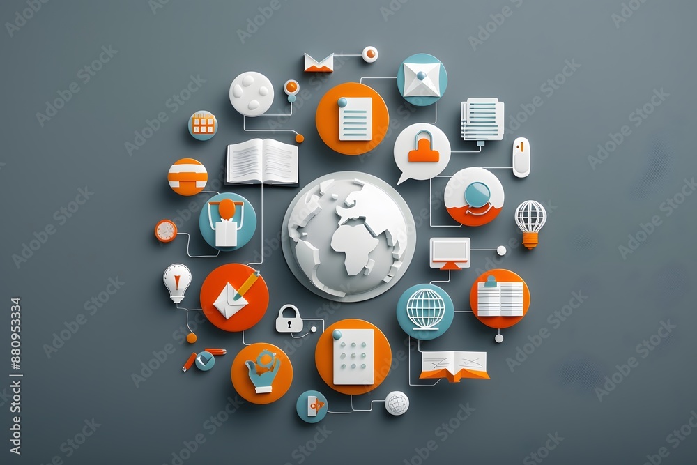 3D infographic of global communication, data sharing, and technology icons on a gray background. 3D infographic of global communication, data sharing, and technology icons on a gray background.