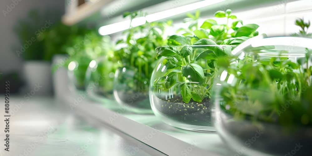 Growing Kitchen Herbs in Glass Terrariums with Wall-Mounted Planters and LED Lights. Concept Indoor Gardening, Herb Terrariums, Wall-Mounted Planters, LED Grow Lights Growing Kitchen Herbs in Glass Terrariums with Wall-Mounted Planters and LED Lights. Concept Indoor Gardening, Herb Terrariums, Wall-Mounted Planters, LED Grow Lights