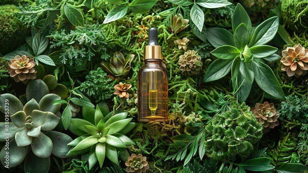 dropper bottle,serum for hair care on moss background flat lay top view dropper bottle,serum for hair care on moss background flat lay top view