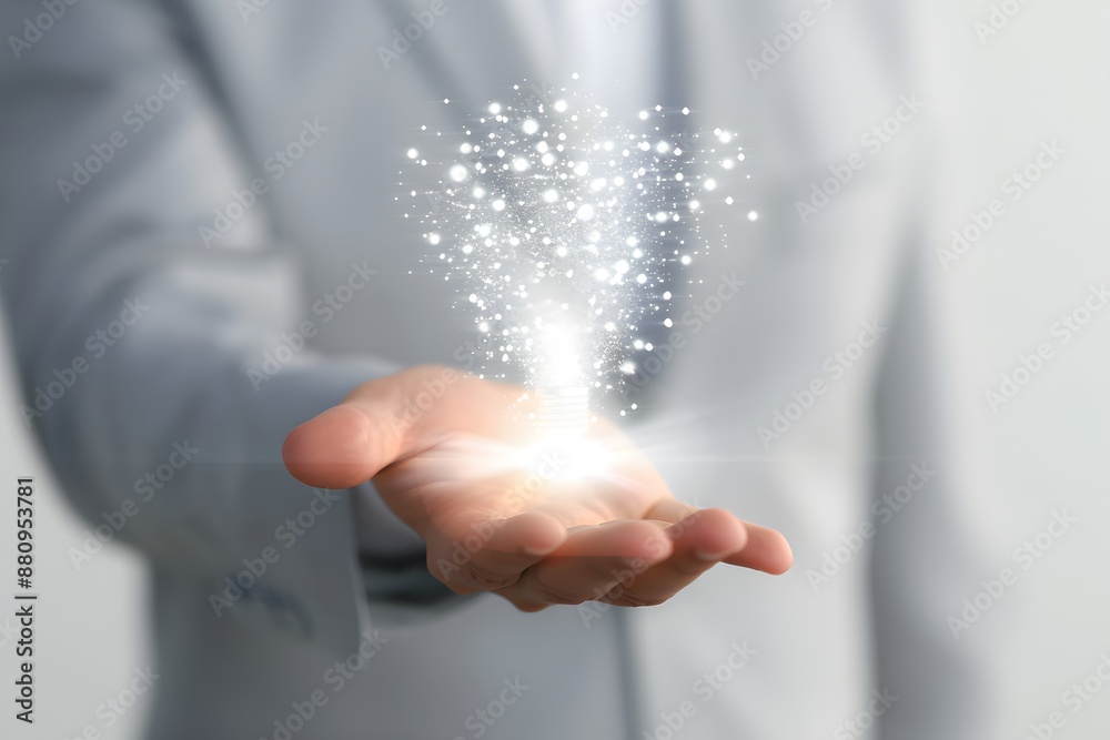 Businessperson holding a sparkling, magical light in hands, demonstrating innovation and creativity.