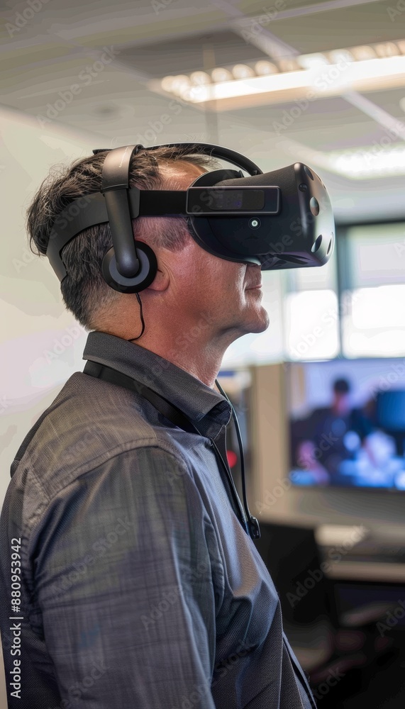 Employee Engaged in VR Training Session for Project Management in Modern Office Environment Employee Engaged in VR Training Session for Project Management in Modern Office Environment