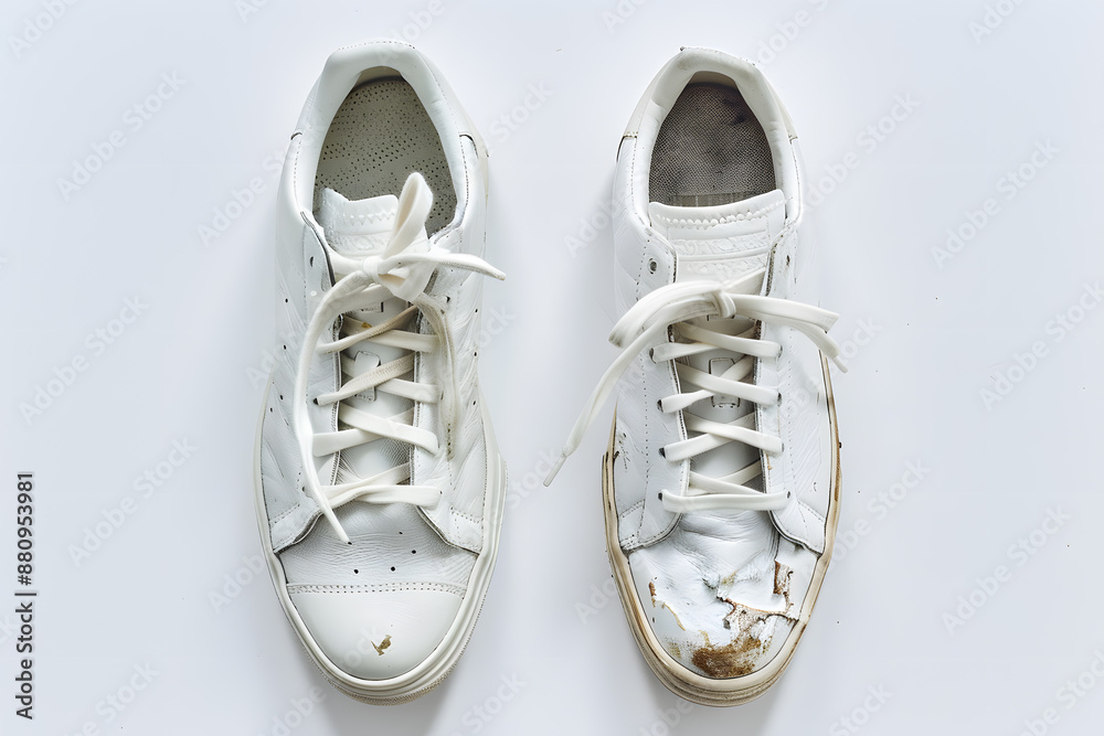 Top view pair of white used old dirty basic sneakers isolated on white background Top view pair of white used old dirty basic sneakers isolated on white background