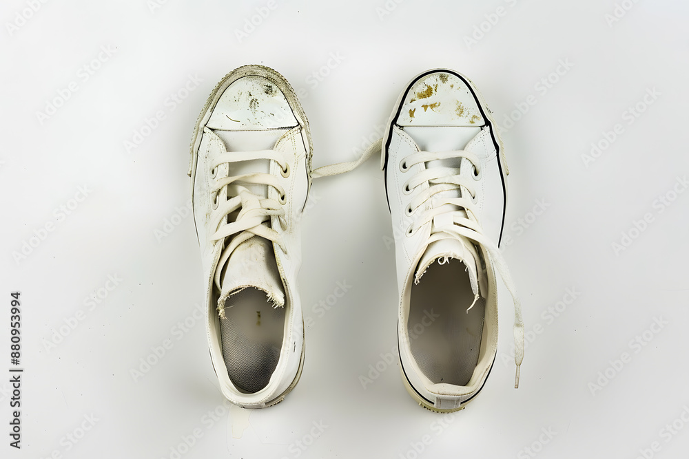 Top view pair of white used old dirty basic sneakers isolated on white background Top view pair of white used old dirty basic sneakers isolated on white background