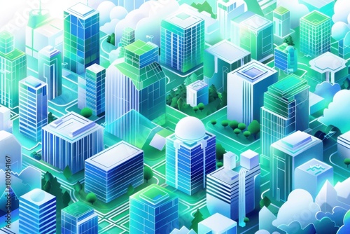 Flat design illustration depicting a smart city with interconnected buildings and infrastructure. The background is filled with abstract shapes and 3D elements that symbolize the integration of © Thanyaporn
