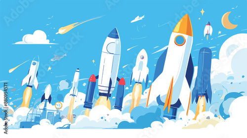 Background of business start-up rockets. flat vector