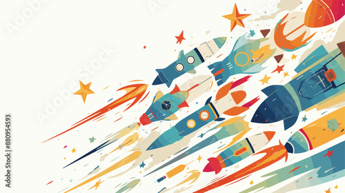 Background of business start-up rockets. flat vector