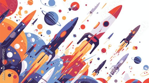 Background of business start-up rockets. flat vector