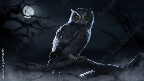 An owl on a branch with a full moon behind it