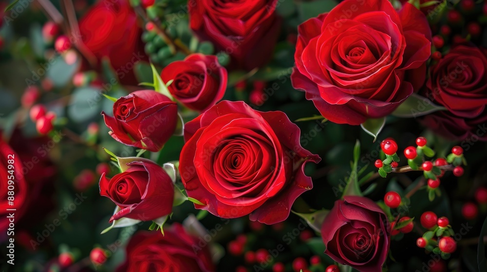 Obraz premium Bright red roses in a festive greeting card bouquet