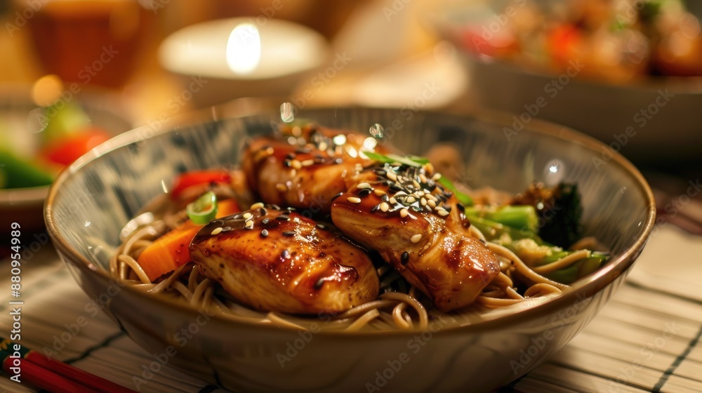 Asian style dinner with soba noodles teriyaki chicken and vegetables Asian style dinner with soba noodles teriyaki chicken and vegetables