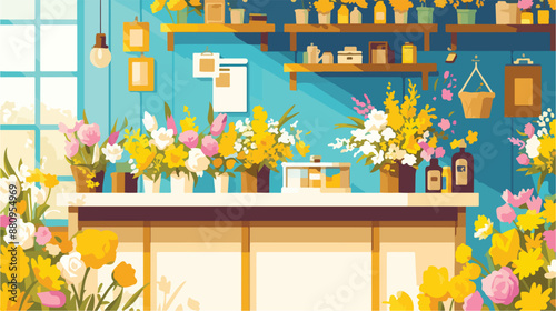 Background of flower shop. Counter with cash box 