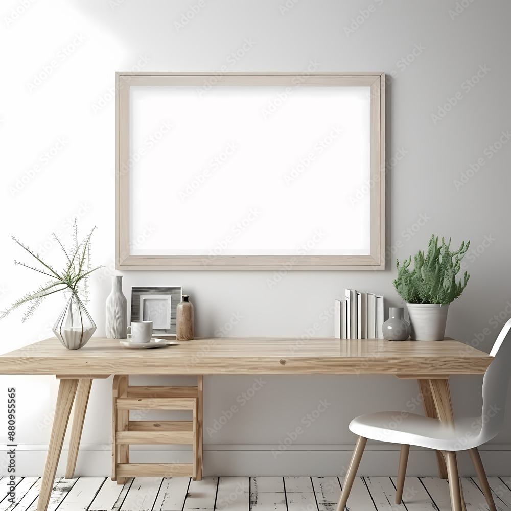 Minimalist home office setup with wooden desk, potted plants, and an empty picture frame on a white wall. Minimalist home office setup with wooden desk, potted plants, and an empty picture frame on a white wall.