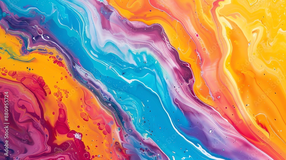 A vibrant close-up of swirling colorful liquid paints merging together. A vibrant close-up of swirling colorful liquid paints merging together.
