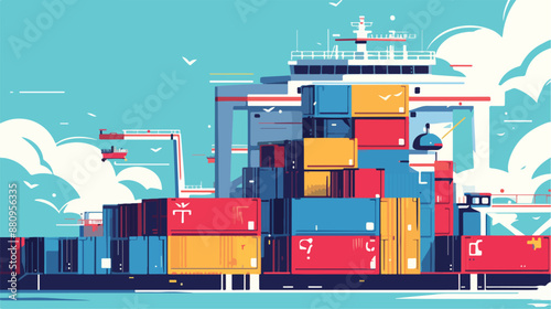 Background of shipping containers in port. flat vector