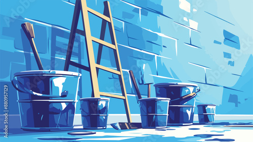 Background of wall with paint cans and ladder.  