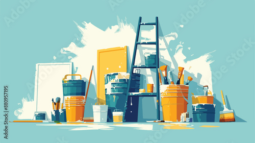 Background of wall with paint cans and ladder. 