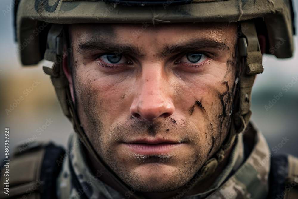 Closeup portrait of soldier in uniform and armor during a battle generative ai Closeup portrait of soldier in uniform and armor during a battle generative ai