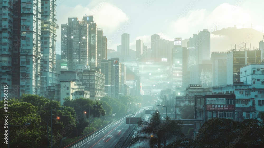 A panoramic view of a smart city where digital information overlays the urban landscape A panoramic view of a smart city where digital information overlays the urban landscape