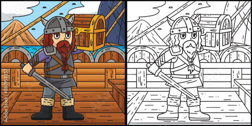 Viking with Loot Coloring Colored Illustration