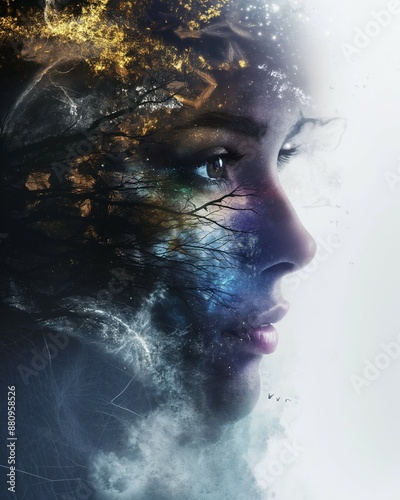 Woman in an abstract cosmic scene with a contrasting mix of dark and light colors.