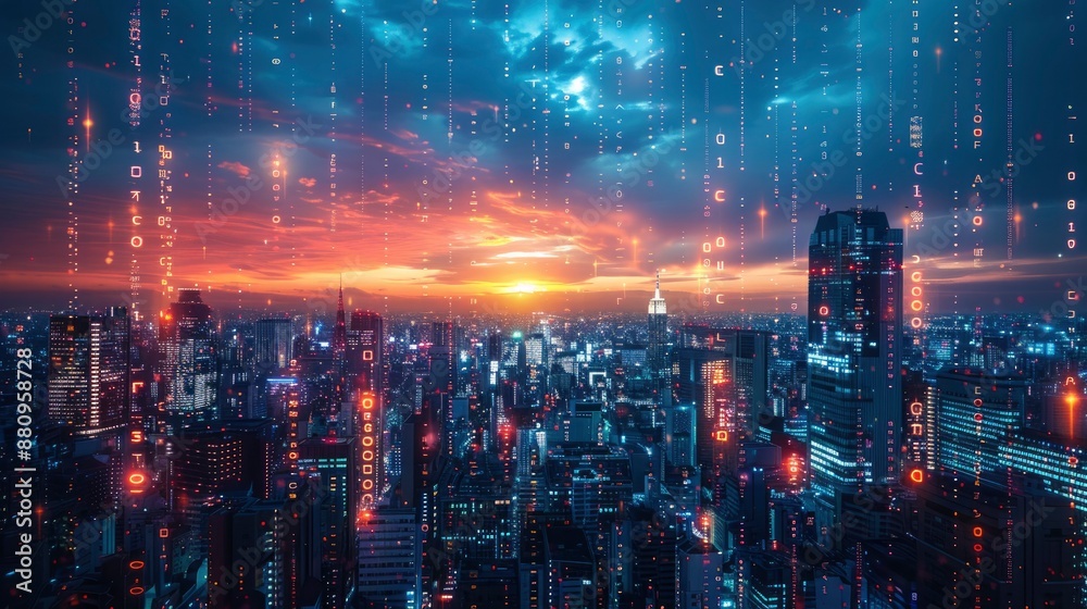 Fototapeta premium A city skyline at dusk with illuminated buildings showcasing advanced urban data management systems