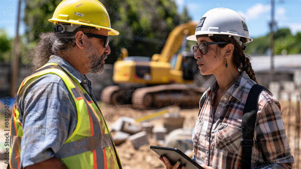 A Hispanic female inspector talks with a Caucasian male land development manager using a tablet at a sunny construction site for a real estate project with excavators preparing the foundation. A Hispanic female inspector talks with a Caucasian male land development manager using a tablet at a sunny construction site for a real estate project with excavators preparing the foundation.