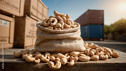 Cashew nuts in linen sack after harvest with shipping containers in the background. Cashew nuts export and trade concept.