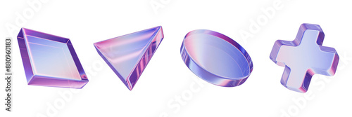 3D glass figure set transparent geometric futuristic game objects cyber sport joystick button symbol. Holographic purple cross, transparent spectrum material texture, square, circle. 3D glass shapes