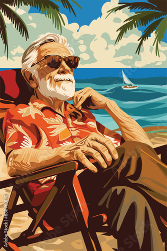 Elderly Man Relaxing on Tropical Beach with Sailboat in Background