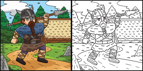 Viking Carrying Spear Coloring Page Illustration