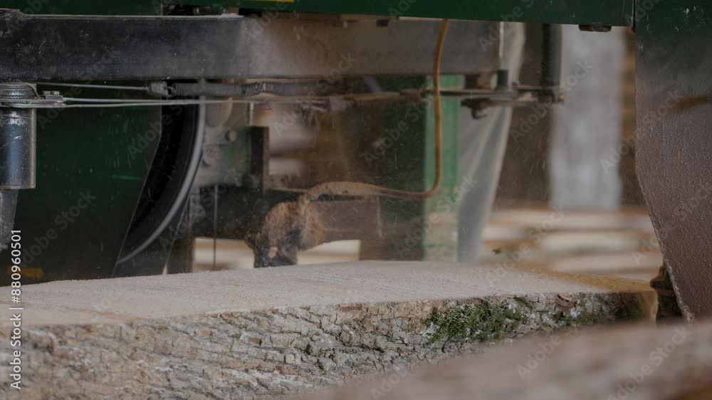At the sawmill, a saw cuts brown wood. Tree bark and old rusty saw. Close-up. Work at the sawmill. Dust flies from wood and wood chips. At the sawmill, a saw cuts brown wood. Tree bark and old rusty saw. Close-up. Work at the sawmill. Dust flies from wood and wood chips.