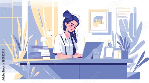 Bank office or hotel reception with receptionist smile