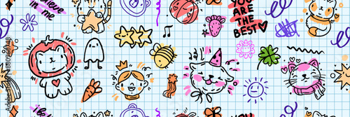 Kids doodle seamless pattern, vector back to school cartoon scribble texture, cute kitten, star. Children kindergarten hand drawn copybook sheet grid, funny colorful baby textile. Kids doodle print
