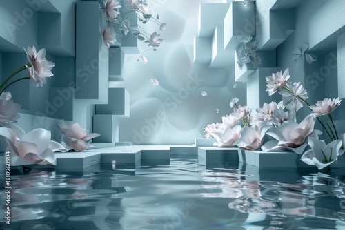 3D ackground depicting pale flowers in an abstract, geometric, mirrored water environment, creating a serene and surreal atmosphere..