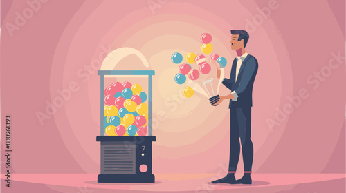 Businessman with Gumball Machine of Lightbulb Ideas Representing Innovation and Creativity