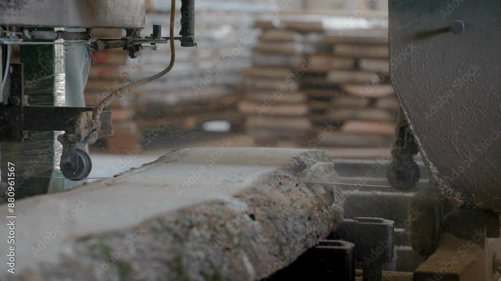 At the sawmill, a saw cuts brown wood. Tree bark and old rusty saw. Close-up. Work at the sawmill. Dust flies from wood and wood chips. At the sawmill, a saw cuts brown wood. Tree bark and old rusty saw. Close-up. Work at the sawmill. Dust flies from wood and wood chips.