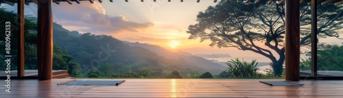 Tranquil open-air pavilion with panoramic sunrise view over lush green hills and misty valleys, framed by elegant wooden columns. photo