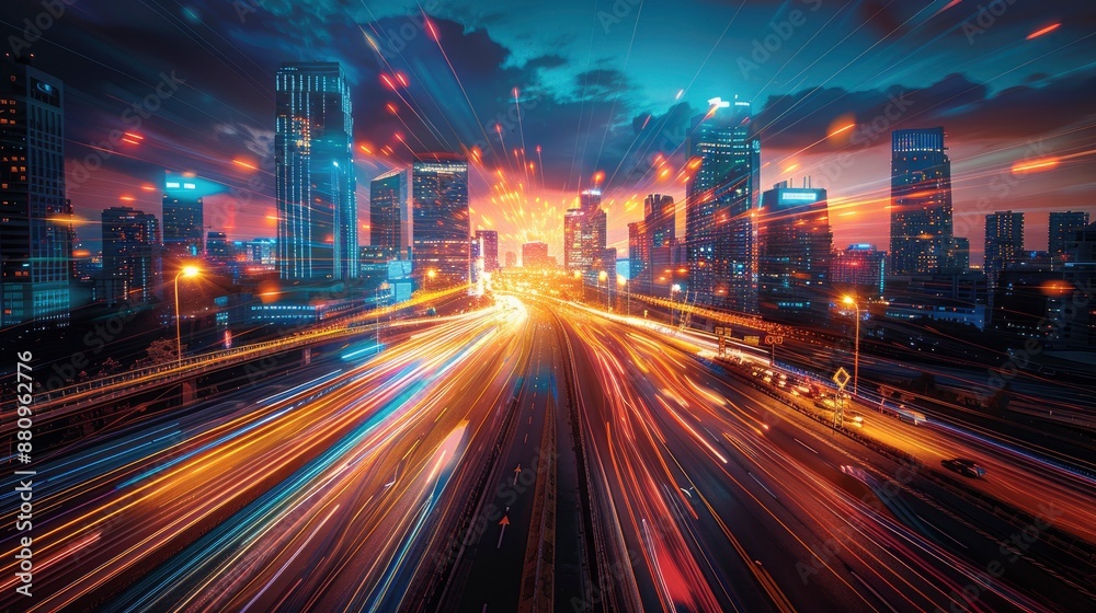Obraz premium Futuristic urban environment with digital billboards showcasing smart city initiatives