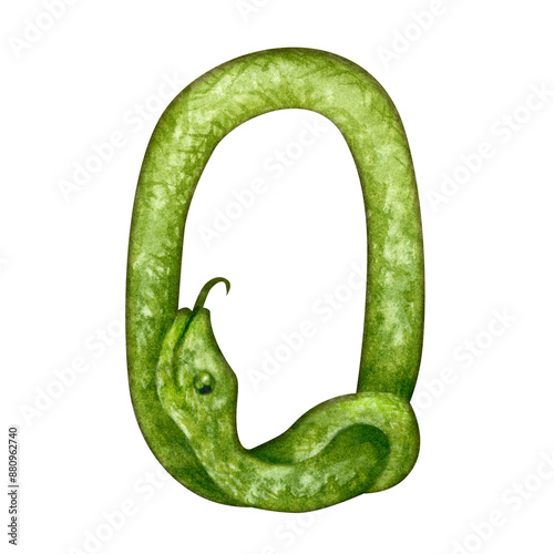 Number zero in the form of a green snake as a symbol of Happy Chinese New Year 2025 according to the zodiac sign of the year of the Snake. Watercolor illustration for templates of cards, congratulatio photo